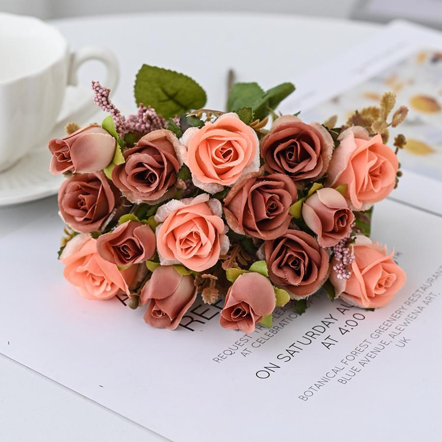 5 Forks 15 Heads Silk Artificial Flowers Rose Wedding Bridal Bouquet Festival Decoration Home Room Arrangement Flower Accessory