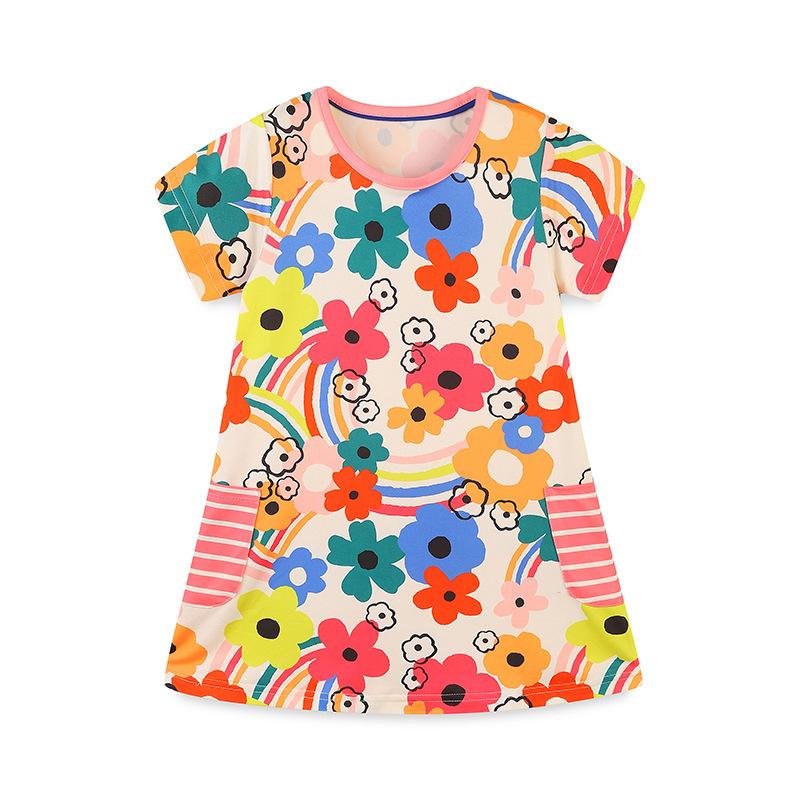 

Модное летнее платье для девочек с коротким рукавом, новое, с круглым вырезом, платье-принцесса, цветочная детская юбка 2Y(90cm)