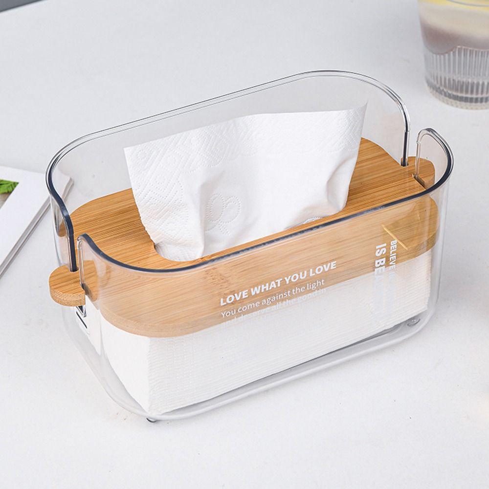 Bamboo Lid Transparent Tissue Box Waterproof Adjustable Desktop Tissue Dispenser Decorative Space-saving Napkin Storage Case