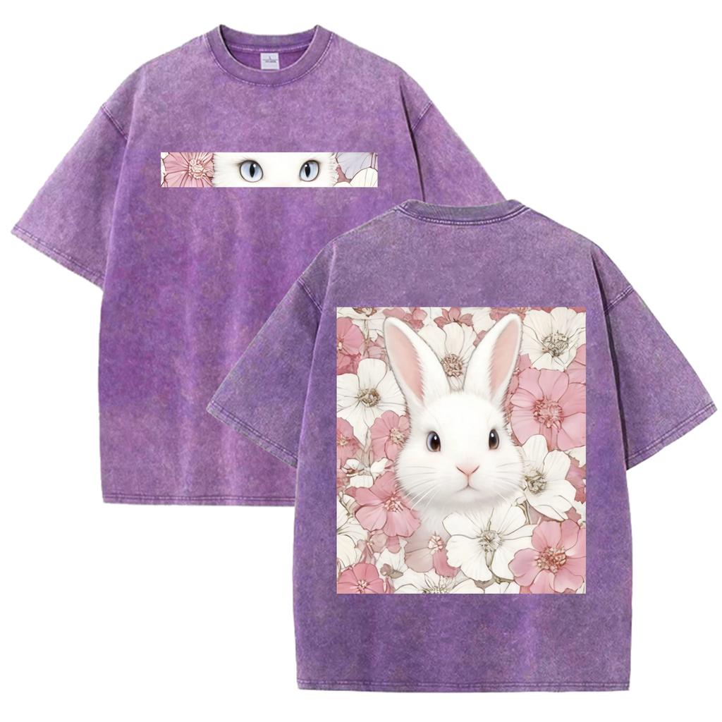 Double Sided Animal Pattern Print Vintage Washed T Shirt Oversized Cotton Aesthetic Kawaii Casual Short Sleeve Streetwear Tee