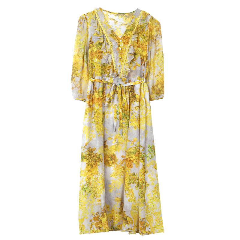 Dámské šaty Módní šaty s výstřihem do V Nové patchworkové šaty s krajkovým potiskem