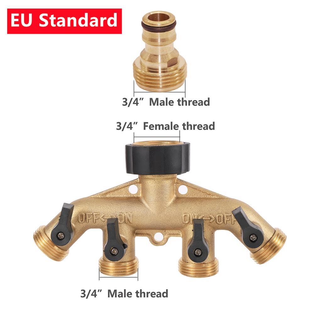 Brass EU/US 3/4" Female/Male Thread 4-Way Water Splitter With Valve Garden Irrigation Multi-Way Joint Tap Pipe Nipple Connector