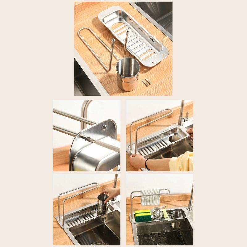 Multifunctional Over The Sink Storage Rack Stainless Steel Adjustable Shelf for Mess Release Kitchen Space