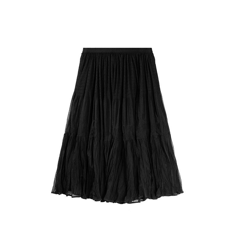 

Shuang Tian Women s Plus Size Spring Skirt - Elastic Waist, Mesh Splicing, Pleated Solid Color Skirt (Style 9202) XL чёрный