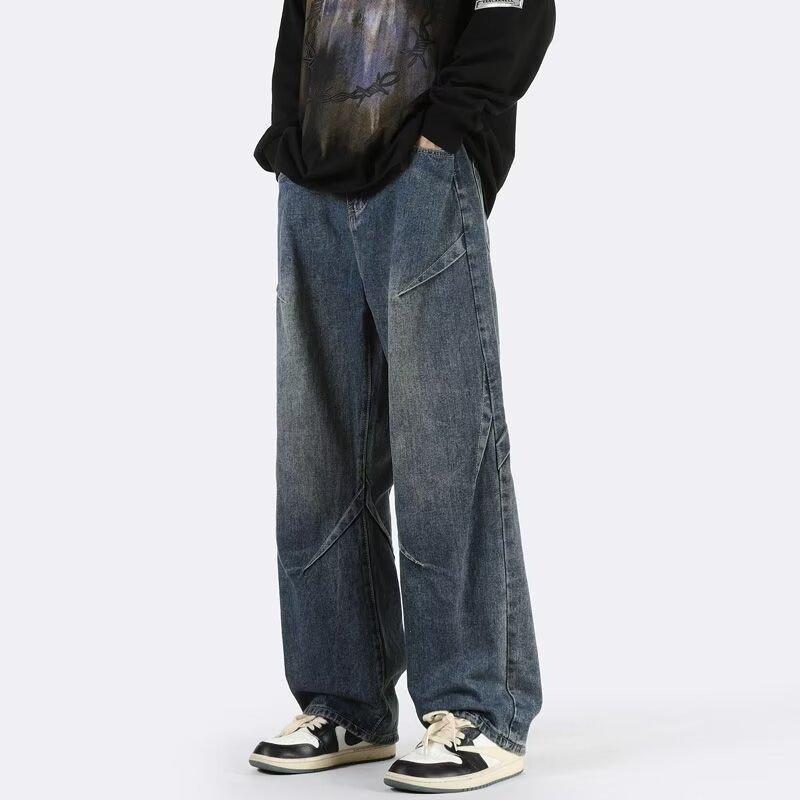 Washed old retro blue jeans men's American high street vibe pants trendy brand loose straight slightly pulled trousers