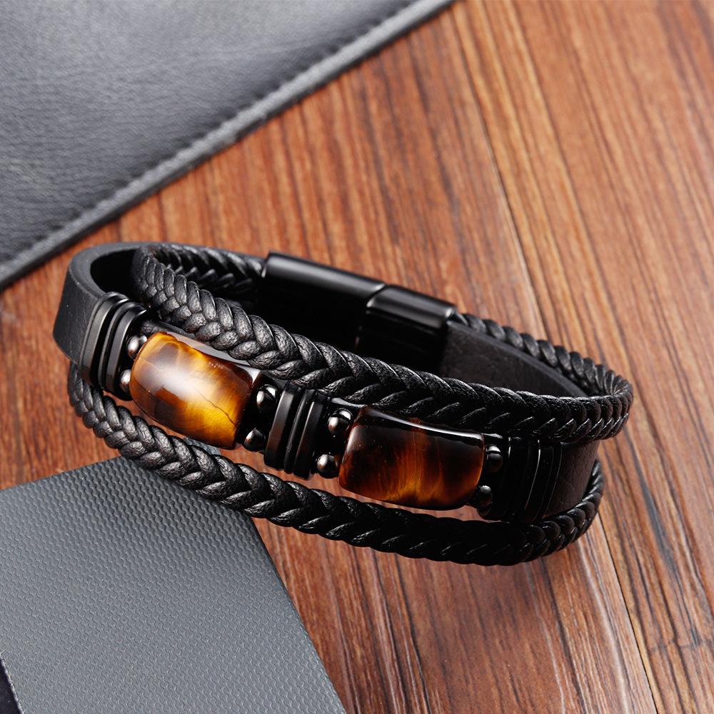 Black Leather Rope Yellow Tiger Stone Men's Double Layer Natural Stone Woven Bracelet Handmade Multilayer Leather Bracelet 2026