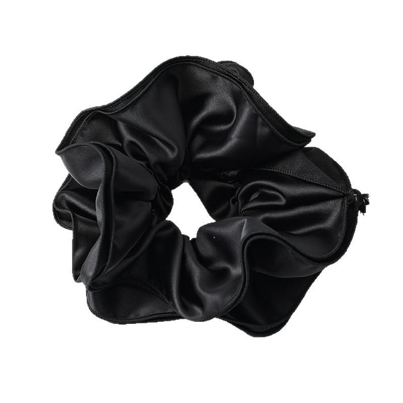Zhao Lusi Inspired Black Satin Scrunchie with Elegant Ruffled Edge