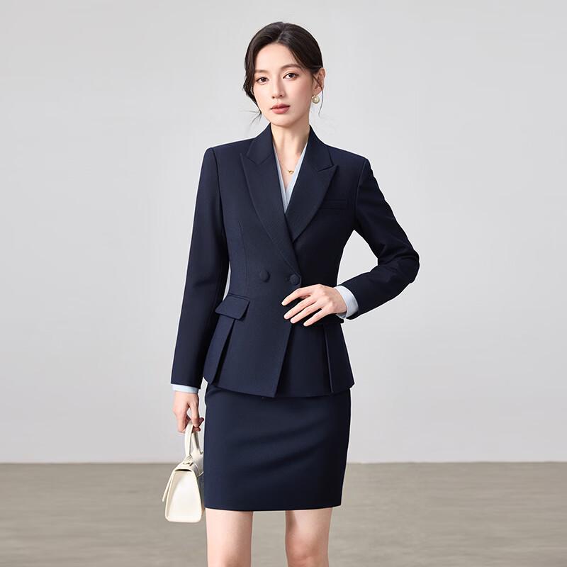 Teluoman Women's Dark Blue Blazer & Wide-Leg Pants Suit Set