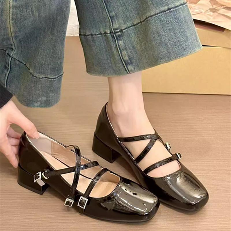 Fashion Women's Coarse Heel Shoes Spring New Square Head Shallow Mouth Patent Leather Crystal Buckle Anti-slip Wear-resistant Heel Shoes