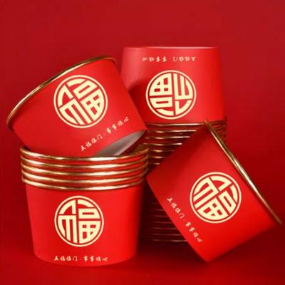 20pcs Lucky Fu Words Disposable Paper Bowls Thickened 450ml Chinese New Year Bowls Durable PE Film Red Snack Bowls