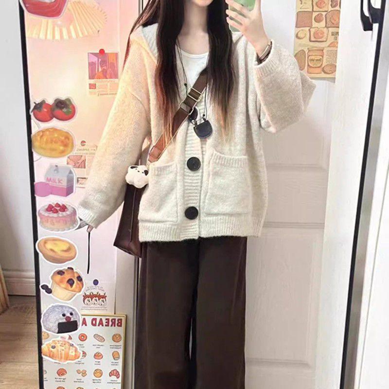 

Women s Korean-Style Gray Hooded Cardigan - Cozy Autumn/Winter Knit Sweater XL (120-130 kg)