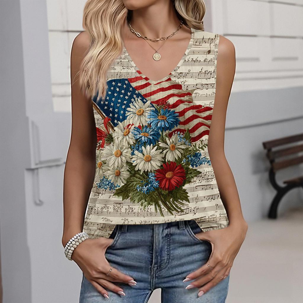 Women's Fashion Casual American Independence Day Flag and Stars Print V-neck Ruffled Sleeveless Vest T-shirt Top