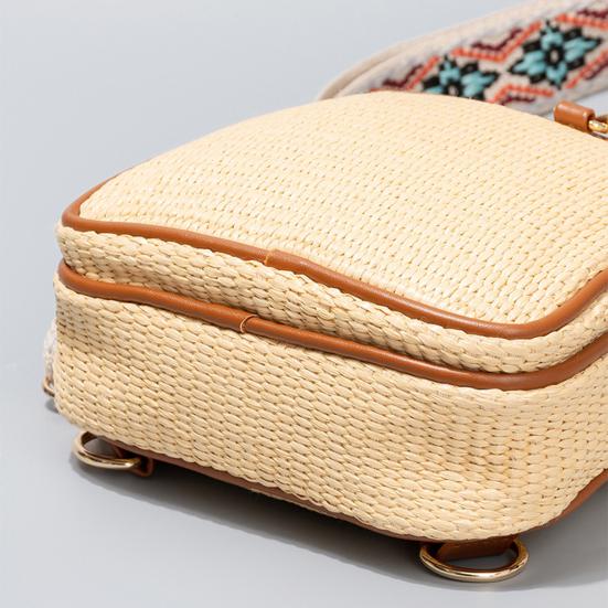 Women Crossbody Pack Straw Woven Chest Bag with Ethnic Strap Boho Shoulder Bag Crossbody Purse for Travel Vacation Street