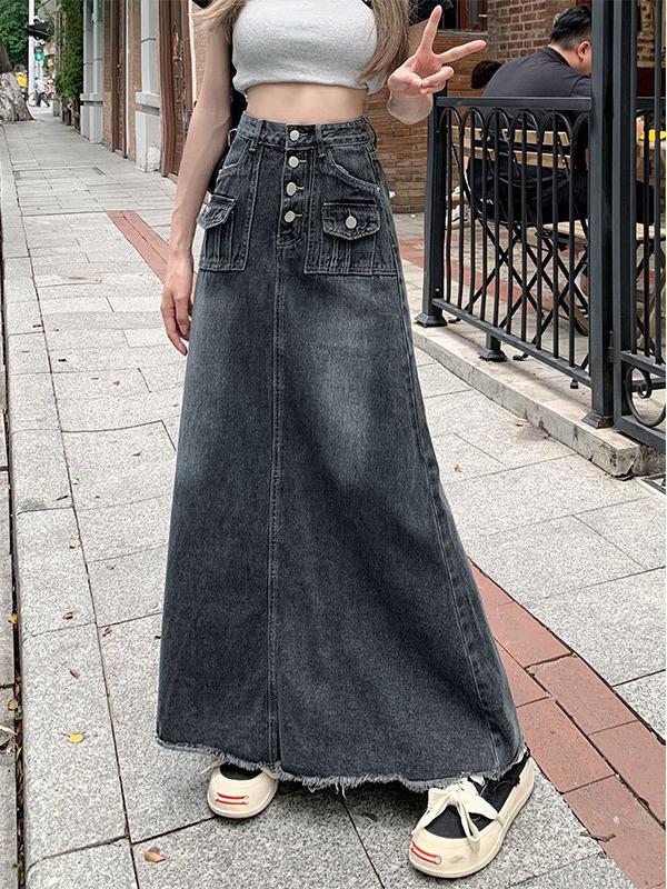 Women's Plus Size High-Waist Denim A-Line Skirt - Slim Retro Design for Autumn & Winter