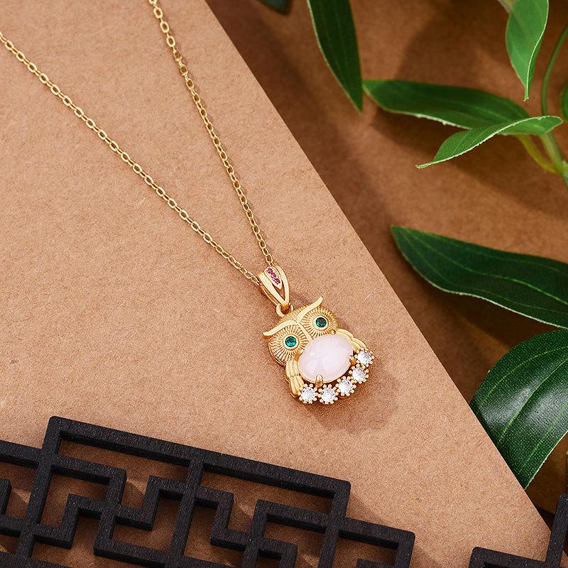 

Court style retro owl necklace Ancient gold craft inlaid with natural Hotan Jade frosted exquisite pendant jewelry for women