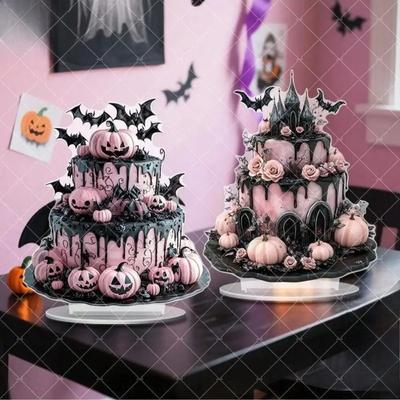 1 peça Castelo de Bolo Rosa Assustador de Halloween Decoração de Mesa com Abóbora e Morcego Ornamento - Ornamento de Mesa Acrílico Plano 2D