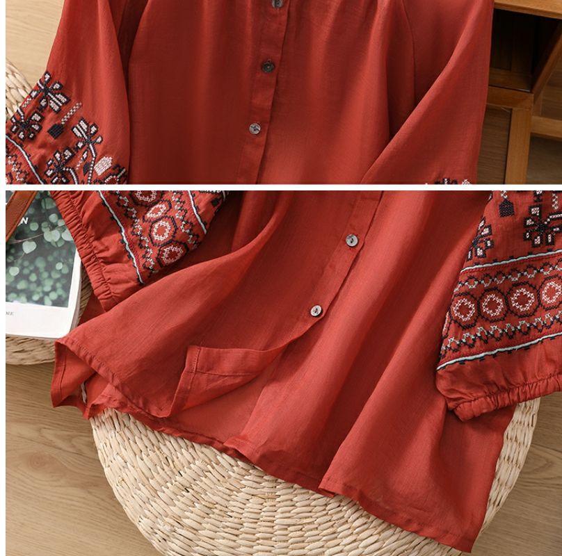 41 Retro Embroidered Lantern Sleeve Top - Women's Cotton & Linen Summer Shirt