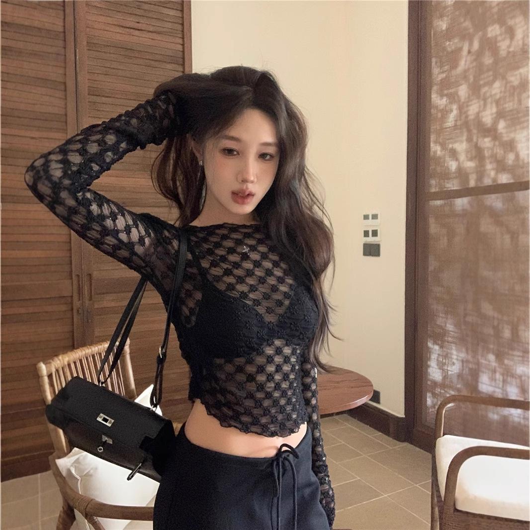 

Sheer Mesh Cutout Slim Fit Long Sleeve Top for Women One Size (up to 125 jin) білий