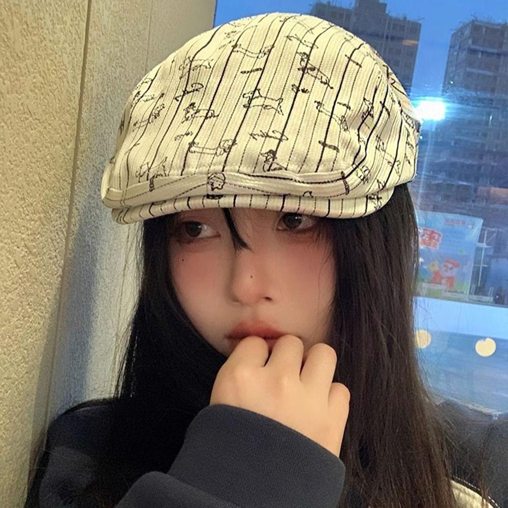 Printed Stripe Beret Cartoon Retro Painter Hat Fashion Octagonal Hat Girl