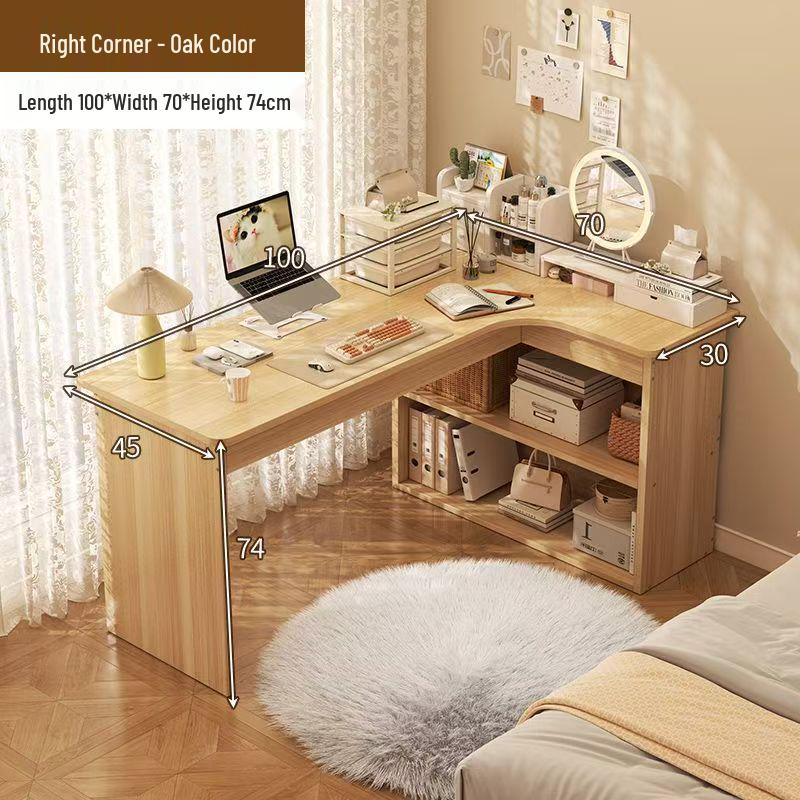 Compact Corner Computer Desk with Integrated Bookshelf & Vanity for Bedroom or Home Office