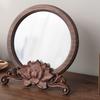Handcrafted Polished Wooden Circular Makeup Mirror with Floral Base, Unscented, Portable for Bedroom, Bathroom, and Vanity