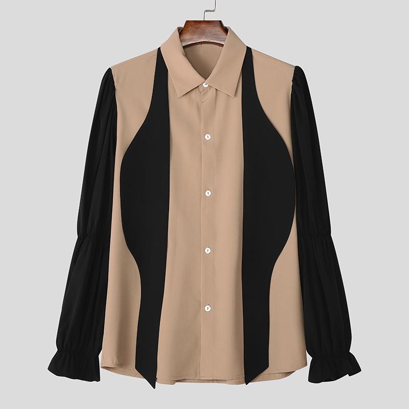 

INCERUN Мужские топы с отложным воротником и длинным рукавом с бантом в стиле пэчворк, повседневные свободные рубашки L хаки