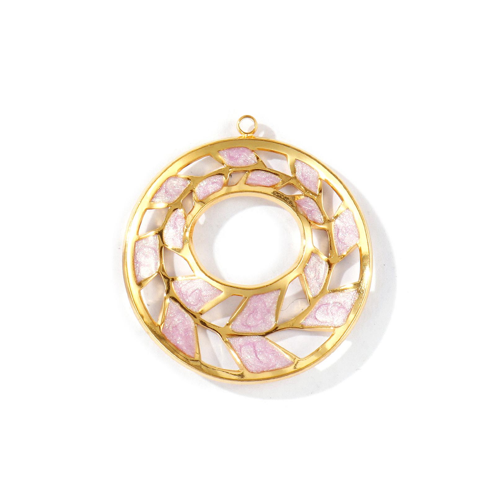 

2 Pcs Waterproof 304 Stainless Steel Pendants 18K Gold Plated Enamel Round Leaf Glitter Charms DIY Necklace 3.1cm x 2.8cm