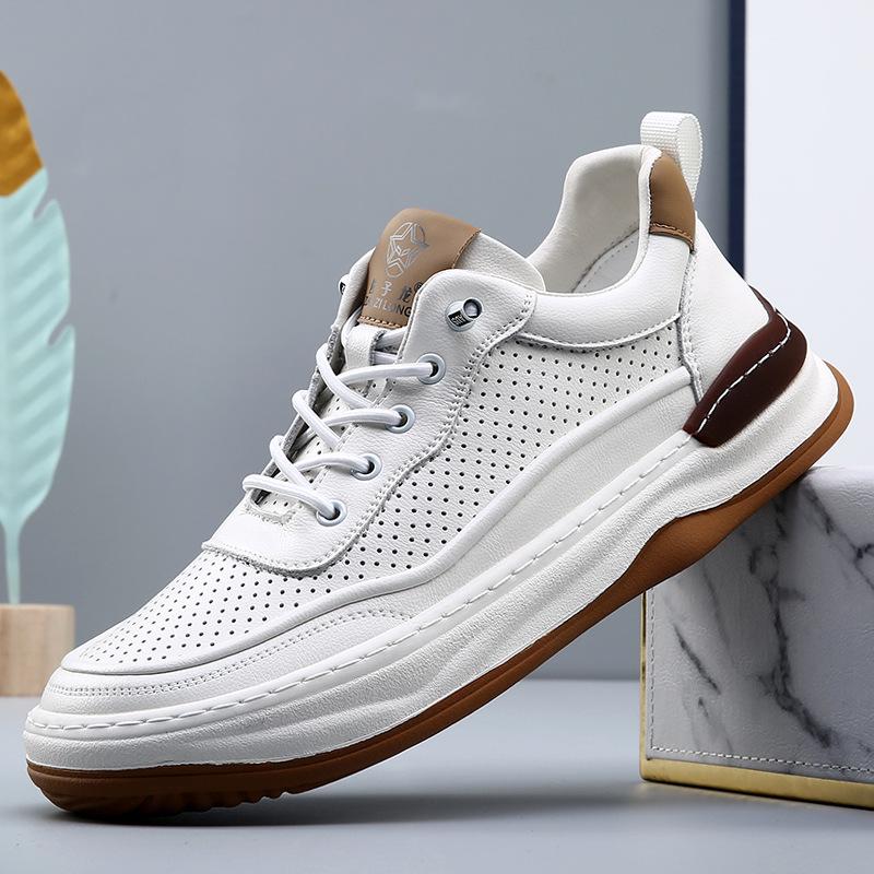 Men's Genuine Leather Crooked Head White Sneakers - Spring, Versatile, Thick Sole, Breathable, Hollow Casual Board Shoes