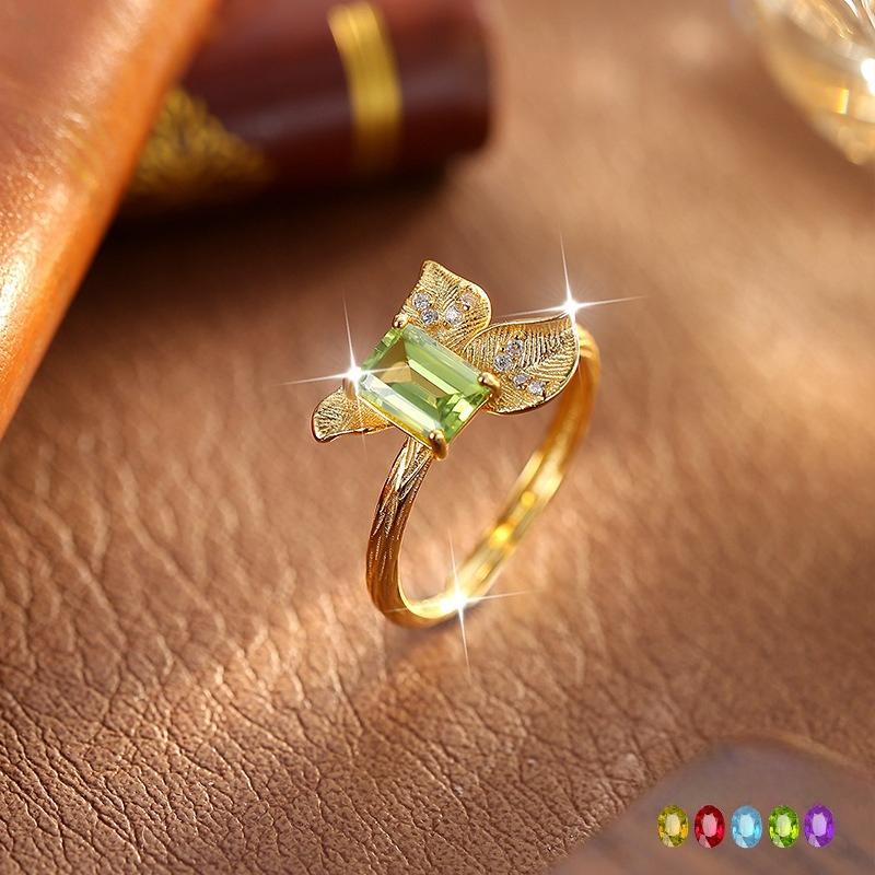 Women's S925 Silver Ring Natural Gemstone Bow Knot Adjustable Fashion Jewelry Gift