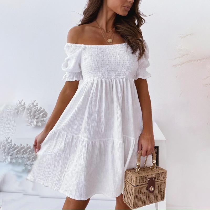 Sexy Slash Neck Casual Dress Women Summer Pleated Puff Sleeve Backless Party Beach Dresses Ladies Elegant Solid Knee-Length Dress Robe