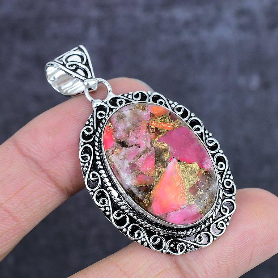 Natural Pink Dahlia Turquoise Gemstone 925 Sterling Silver Pendant 2.17" ETC-14050