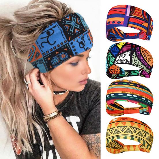 Women Wide Boho Print Headband Yoga Workout Knotted Stretch Sports Hairband Vintage Ethnic African Head Wrap