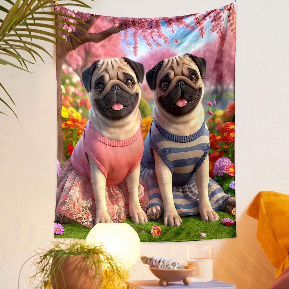 "Pugs in Dresses with Cherry Blossom Scene" Patterned Tapestry Decorative Wall Hanging, Home Bedroom Living Room Decor