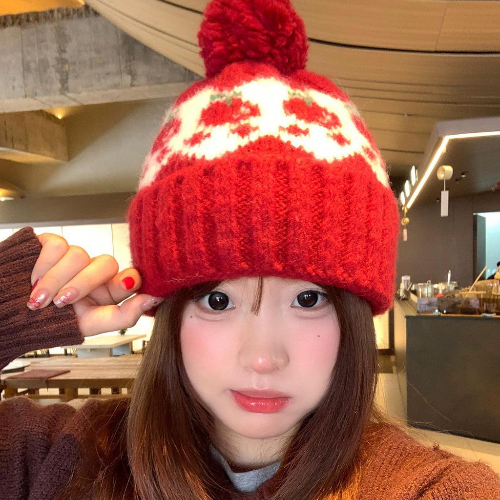 Fair Island wind red cherry hairball wool hat female cute cold and warm mountaineering ear protection knitted hat