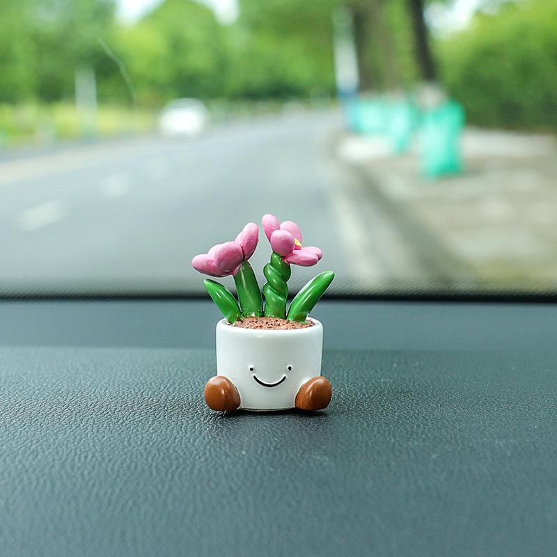 4Pcs Cute Flower Pot Car Decoration Center Auto Console Interior Dashboard Accessories Cartoon Potted Plant Ornament Gift