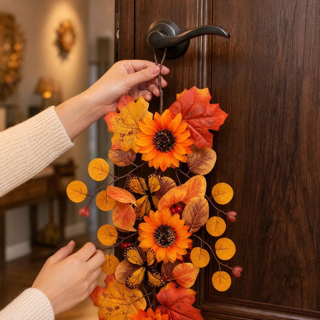 Sunflower Wall Hanging with Maple Leaves, Fall Outdoor Patio Decoration for Thanksgiving Festival Party