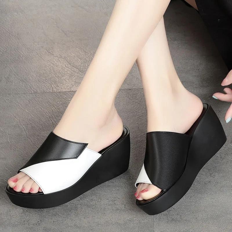 WTEMPO Soft Leather Summer Casual Slippers Women Large Size Patchwork All-match Wedge Heel Non-slip Slippers