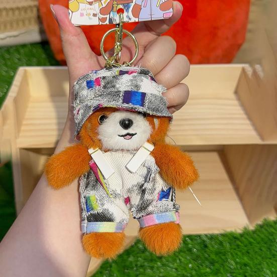 Plush Red Panda Keychain Denim Overalls Hat Stuffed Red Panda Key Ring Backpack Schoolbag Hanging Decoration Bag Charm Purse Pendant