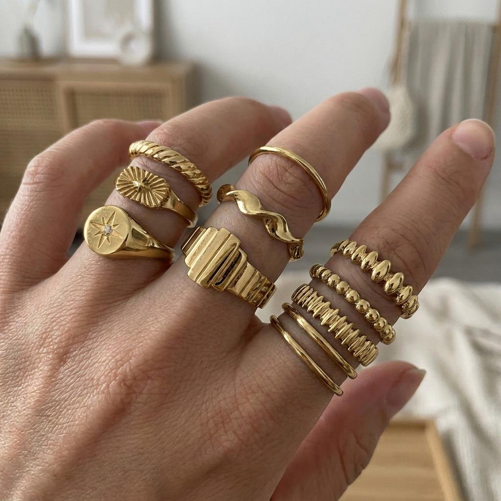 European and American Trendy 16-Piece Geometric Adjustable Ring Set