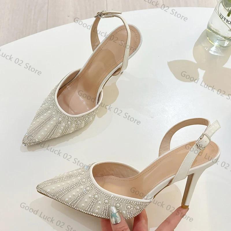 

Fashion 2025 Street Style Crystal Bead Buckle Strap Women Pumps Sandals Sexy Pointed Toe Thin High Heels Banquet Party Mule Shoes 41 белый