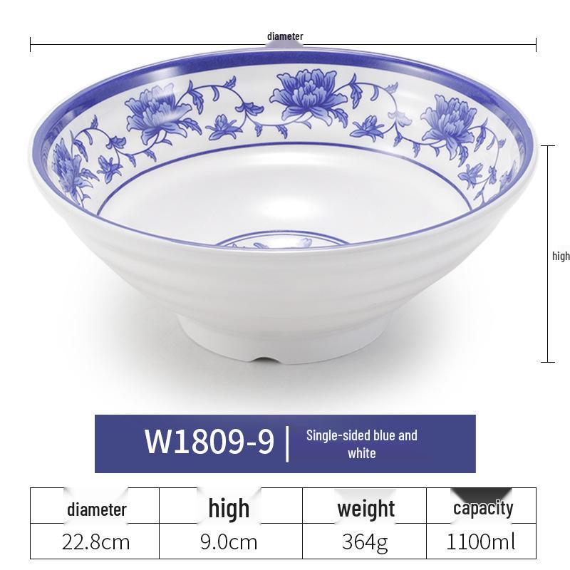 Blue & White Melamine Noodle Bowl: Imitation Porcelain Tableware for Ramen, Soup, Wonton, or Beef Noodles in Noodle Shops