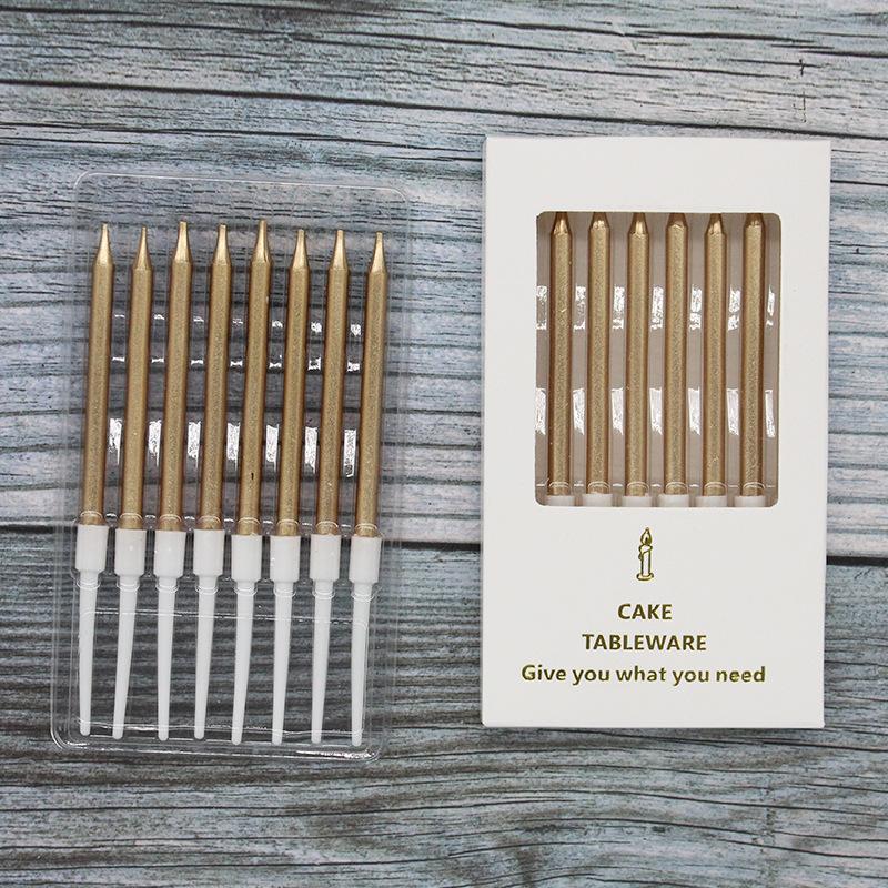 New Gold-plated Colored Box Pencil 8-pack Cake Candles, Electroplated Flat Rod Gold and Silver Party Candles