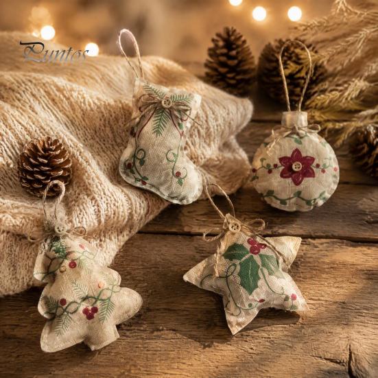 Five Pointed Star Tree Toppers Burlap Christmas Ornaments, Rustic Linen Fabric Hanging Decoration, Ball Stocking Farmhouse Ornaments Shaped