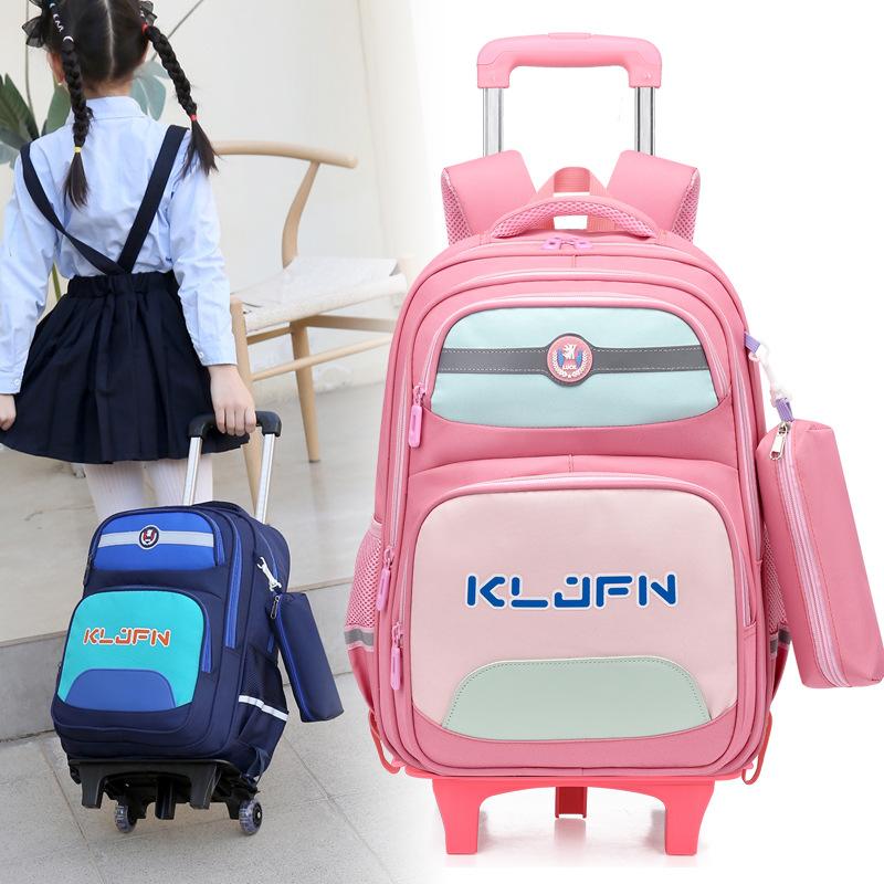 Children's Cartoon Schoolbag Primary School Students Climbing Stairs Large Capacity Dual-purpose Silent Detachable Pull Rod Bag