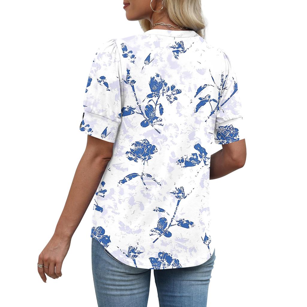 Womens Tops Short Sleeve Shirts Buttons V Neck  Fashion Outfits  Blouses  Casual