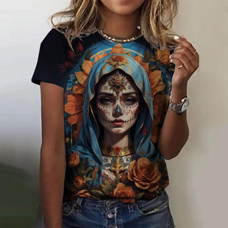 Fashion Women s Crew Neck Short Sleeve 3D Skull Color Printed Skull Short Sleeve Crew Neck T-Shirt XS