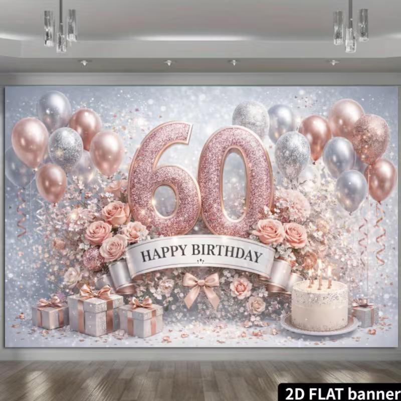 2D Rose Gold 60th Happy Birthday Backdrop for Milestone Party Background