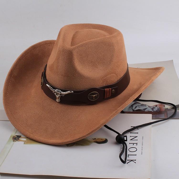 Western Cowboy Style Tibetan Bull Head Accessories Fashion Top Hat Autumn/Winter New Collection Deer Skin Velvet Large Edge Riding Hat