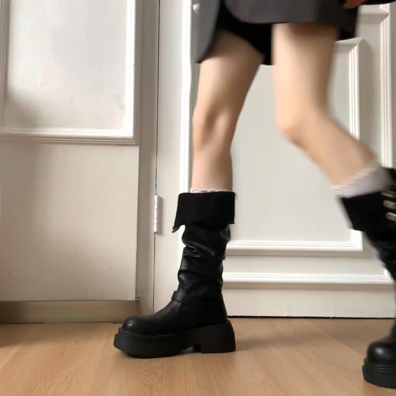 Mode Herbst Winter Plateau Dicke Sohle Damen Kniehohe Stiefel Schuhe Damen Elegant Gürtelschnalle Ritter Stiefeletten