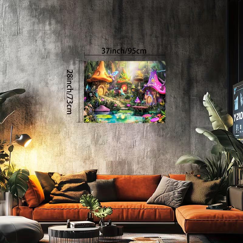 2D Fairy Tale Mushroom Village Tapestry, Colorful Houses with Pond & Flowers Wall Hanging, Fantasy Backdrop